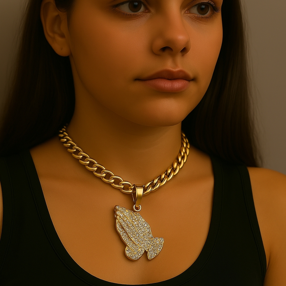 Praying Hands Pendant Necklace – Gold-Tone Chunky Chain Unisex Fashion Jewelry